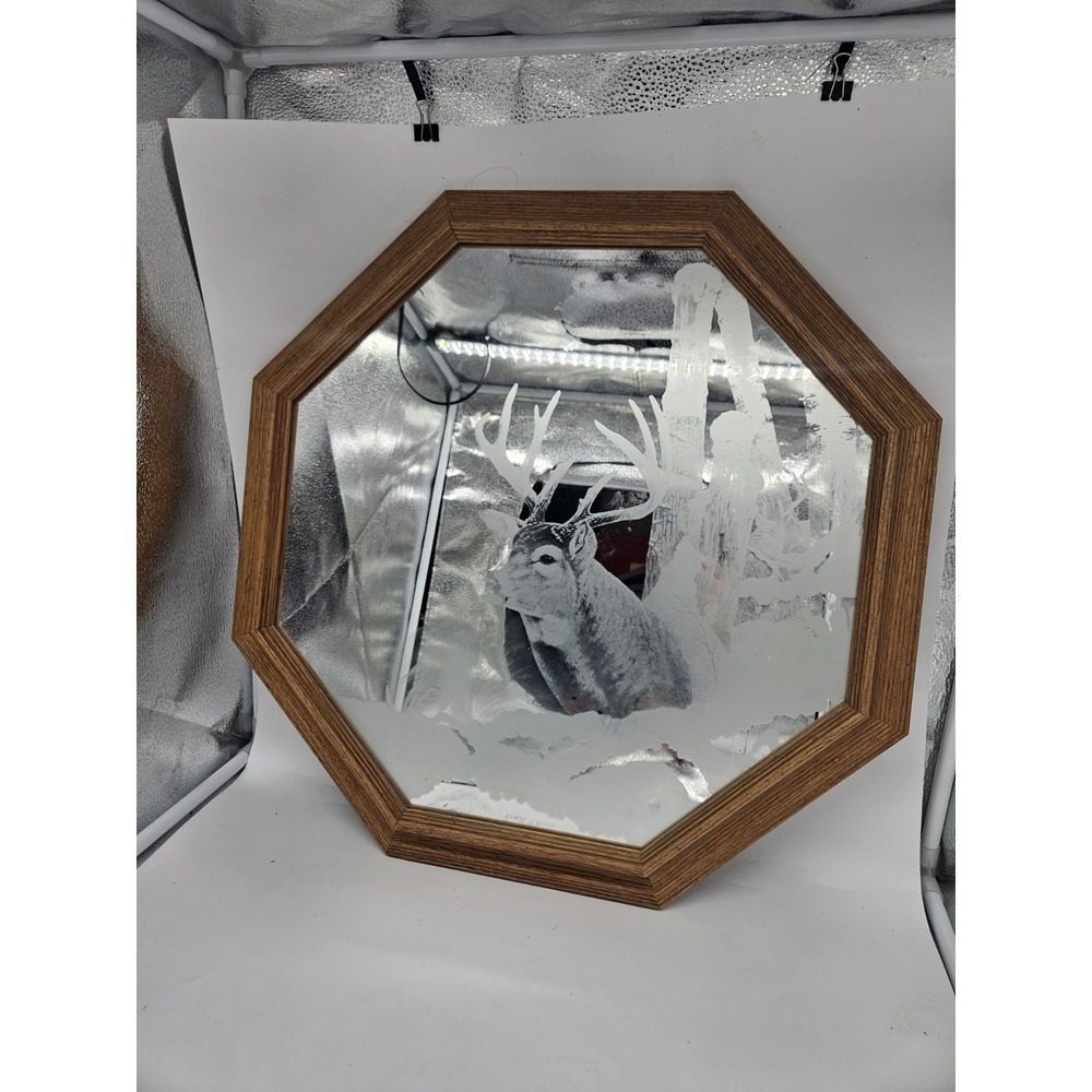 Red Oak Wood Octagonal Accent Mirror Frosted Deer W/ Antlers Country 21" x 21"